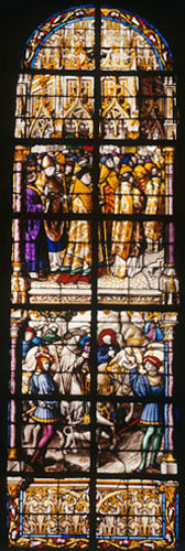People greeting new bishop,(top), Letbert and Anselm travelling to Rome (bottom), fifteenth century, Cathedral of Notre Dame, Tournai, Belgium