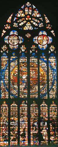 Coronation of the Virgin and Conversion of St Paul, sixteenth century window in south transept, Liege Cathedral, Belgium