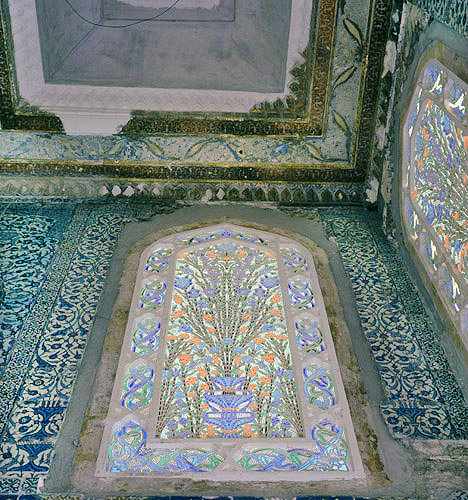 Flowers and foliage, modern glass set in plaster, harem of Topkapi Palace, Istanbul, Turkey
