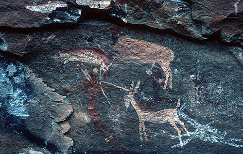 Natal Eland painting of man with boy and arrow shooting Antelope and other animals