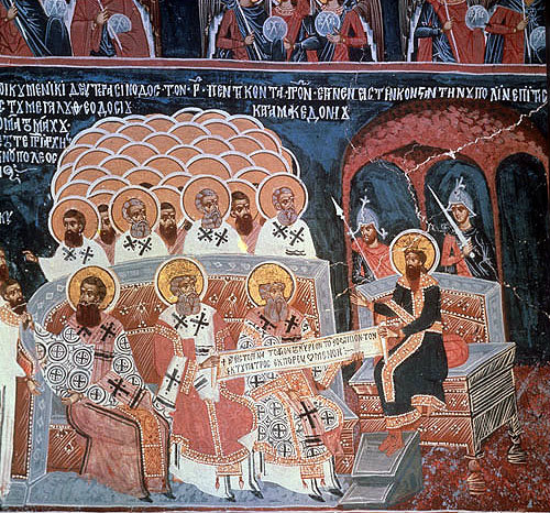Second Oecumenical Council, 381, which changed Nicene creed to present form, seventeenth century wall painting in church at Abanasi, Bulgaria