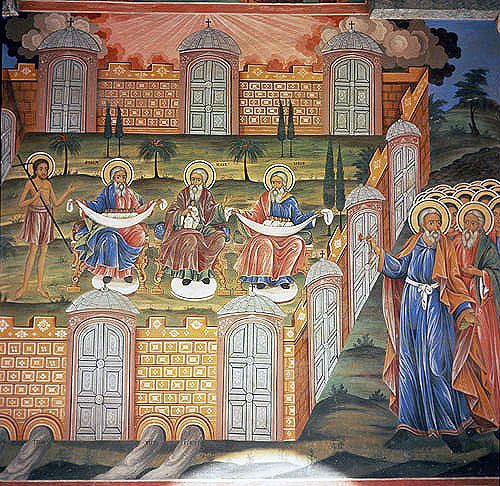 Bulgaria, Rila Monastery, the Last Judgement, St Peter opening the Gates of Paradise, sitting Abraham, Isaac and Jacob