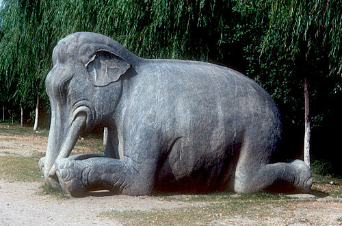 Kneeling elephant, fifteenth century, on Sacred Way leading to Ming Tombs, China