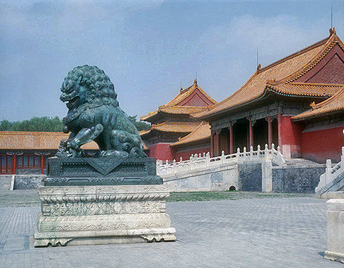 Bronze lion beside Gate of Supreme Harmony (Tai Ho Men), Imperial Palace, Beijing, China