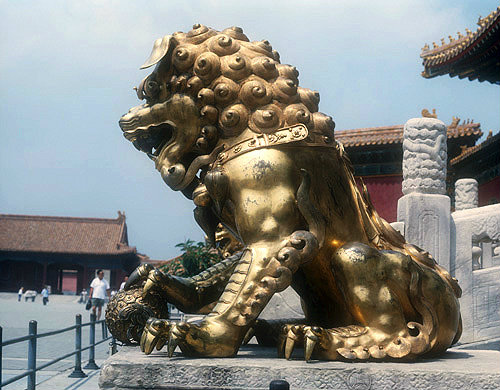Bronze lion in front of Gate of Heavenly Purity (Qianqingmen), Imperial Palace, Beijing, China