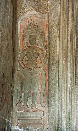 Relief of devata, female deity, on third enclosure, Angkor Wat temple built 1113-52 AD by Suryavarman II, Hindu, (Vishnu), Cambodia