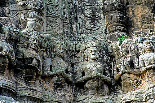 Relief carving of praying figures, south gate, Angkor Thom, completed late twelfth century by King Jayavarman VII, Cambodia