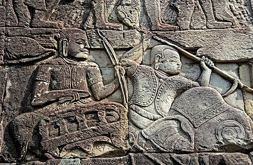 Khmer military procession with elephants, relief carving on south façade, west side, Bayon Temple, Angkor Thom, Cambodia