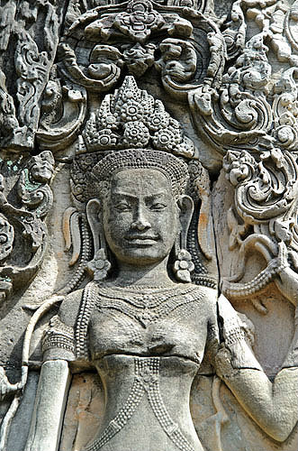 Relief carving of devata on east tower, Bayon temple, Angkor Thom, completed late twelfth century by Jayavarman VII, Cambodia