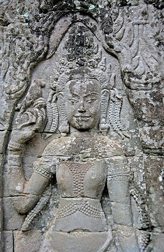 Relief carving of devata on second enclosure wall, Bayon temple, Angkor Thom, completed late twelfth century, Cambodia