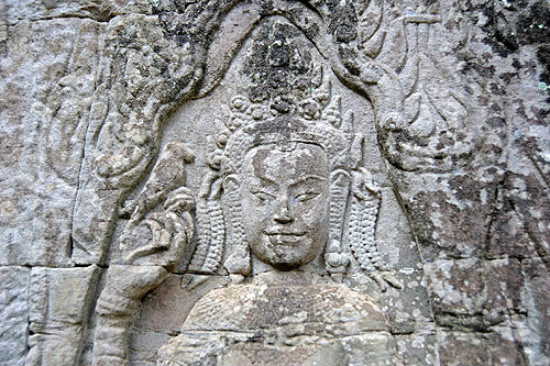 Relief carving of devata on second enclosure wall, Bayon Temple, Angkor Thom, completed late twelfth century, Cambodia