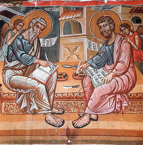Saints Matthew and Luke, painted by Philip Goul, 1453,  Church of the Holy Cross, Platanistasa, Cyprus