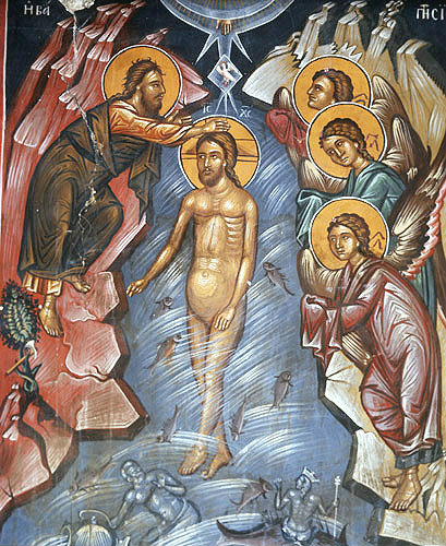 Cyprus, Paleochorio, the Baptism of Christ, 15th century mural in the Church of the Saviour