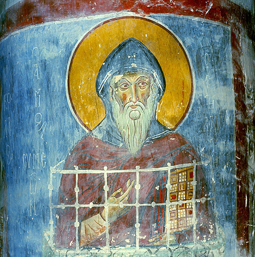St Symeon Stylites, mural on the south east pillar in Antiphonitis Church Northern Cyprus, 12th century