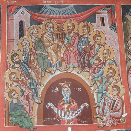 The Pentecost, wall painting in the Church of the Transfiguration of the Saviour at Paleochorio in Cyprus, 15th century