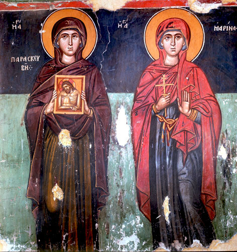 Saints Paraskevi (left) second century martyr, and Marina (right), circa 1466, Church of the Saviour, Paleochorio, Cyprus