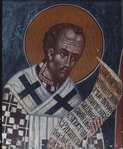 St John Chrysostom, 15th century wall painting by Philip Goul, Church of the Holy Cross, Platanistasa, Cyprus