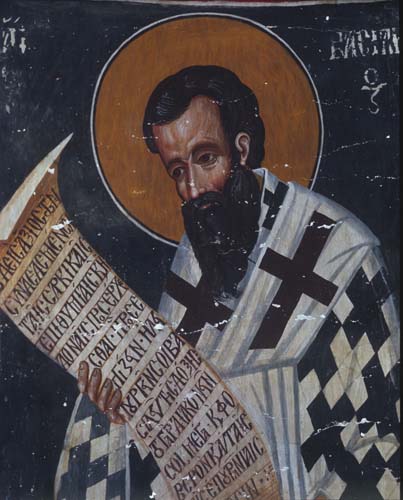 St Basil, 15th century wall painting by Philip Goul, Church of the Holy Cross, Platanistasa, Cyprus