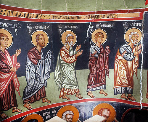 Communion of the Apostles, by Philip Goul, fifteenth century, Bartholomew, Simon, Andrew, John, Peter, Church of Holy Cross, Platanistasa, Cyprus