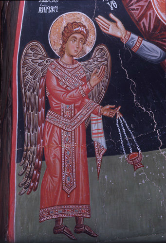 Archangel Gabriel, mural in the Church of the Holy Cross at Platanistasa, Cyprus painted by Philip Goul in the 15th century