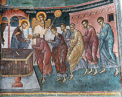 Communion of the Apostles, fifteenth century wall painting, church in St Neophytos Monastery, near Paphos, Cyprus