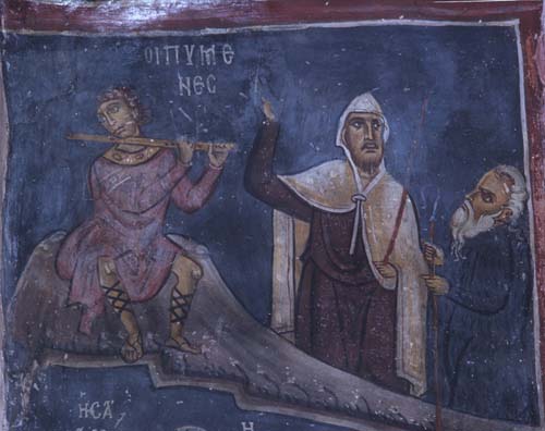 Three shepherds, detail from the Annunciation, 12th century wall painting, Church of Panagia Theotokos, Trikomo, Cyprus