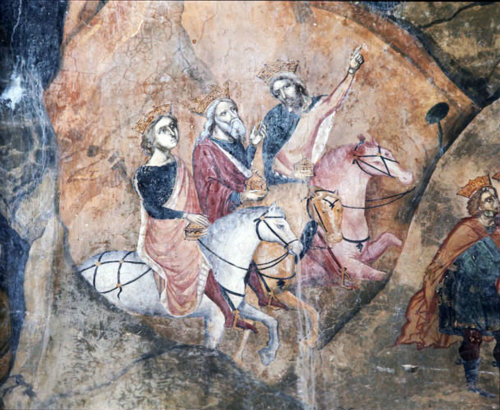 The three Kings follow the star, 15th century mural in the Church of St Neophytos, Cyprus
