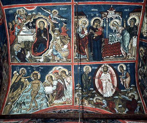 Cyprus, Asinou, frescoes above south door of the nave, Nativity,  Presentation, Baptism, Transfiguration 14th century
