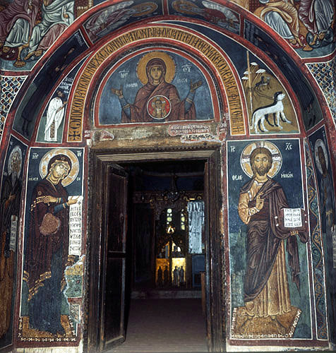 Cyprus, Asinou,  doorway from the narthex to the nave, the Mother of God, Eleousa, Barnabas, Mother of God of the pastures, hunting dogs, Jesus the Almoner