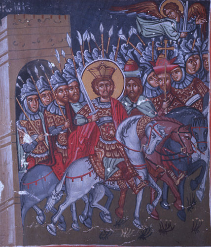 Triumphal entry of Constantine into Rome, 15th century wall painting, Church of the Holy Cross, Platanistasa, Cyprus
