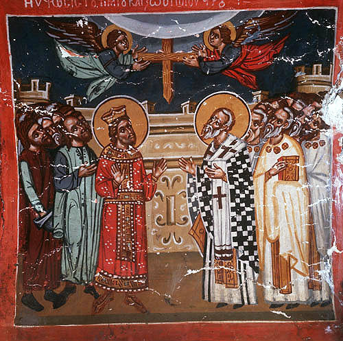 Cyprus, Platanistasa, Church of the Holy Cross, Exaltation of the Holy Cross, Emperor Heraclius and Patriarch Zacharias 15th century wall painting