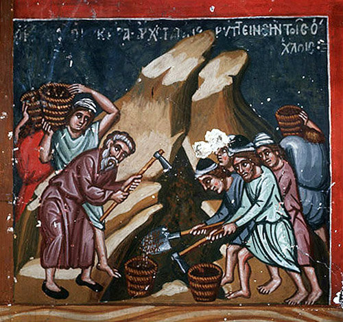 Cyprus, Platanistasa, Church of the Holy Cross, digging for the cross,  15th century wall painting