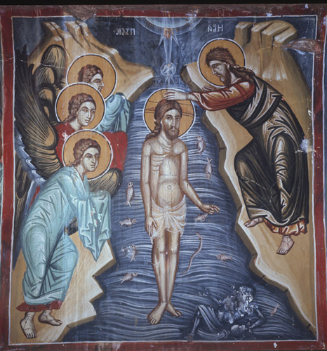 Baptism of Christ, 16th century wall painting by Symeon Axenti, Church of Archangel Michael, Galata, Cyprus