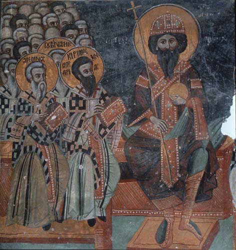 Third Ecumenical Council held at Ephesus 431 AD, wall painting by Symeon Axenti 1513, Church of St Sozomenos, Galata, Cyprus