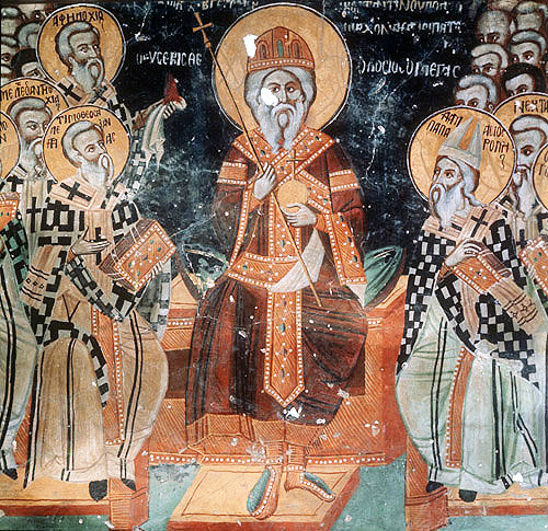 Second Oecumenical Council, 381, held in Constantinople, 1513 wall painting by Symeon Axenti, church of St Sozomenus, Galata, Cyprus, detail