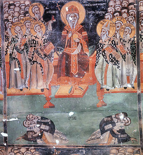 Second Oecumenical Council, 381, held in Constantinople, 1513 wall painting by Symeon Axenti, church of St Sozomenus, Galata, Cyprus