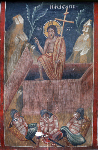 Cyprus, Galata, Church of St Sozomenos, the Resurection of Jesus painted by Symeon Axenti, 16th century