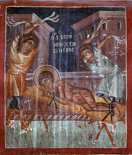 Cyprus, Galata, Church of St Sozomenos, a scene from the martyrdom of St George, painted by Symeon Axenti, 16th century