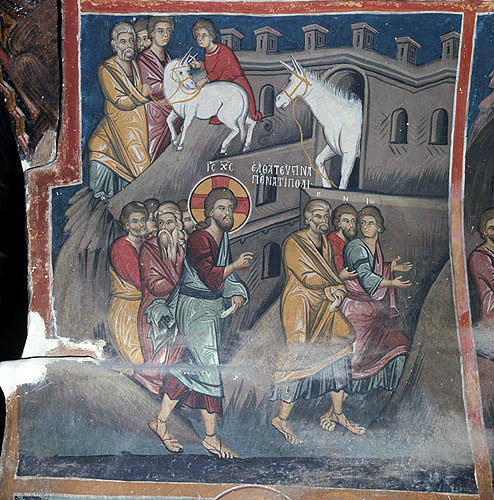 Cyprus, Kalopanayiotis, Church of St Heracleidos in the Monastery of St John Lampadistis, the Disciples find the Donkey and Colt, Matthew 21, 16th century wall painting