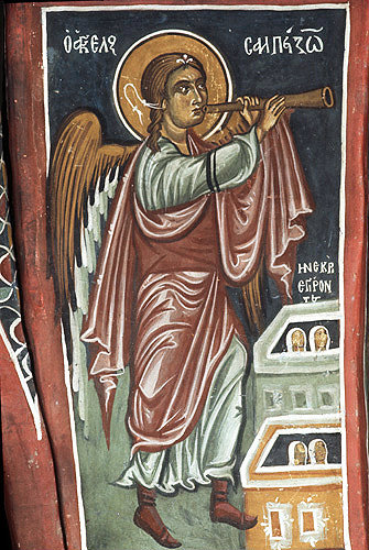Cyprus, Asinou, Church of Our Lady of the Pastures or Panagia Phorbiotissa, the trumpeting angel, 14th century mural