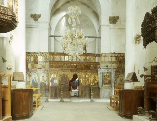 Kibris, Northern Cyprus, Greek Orthodox Church at St Barnabas Monastery, view towards iconostasis screen