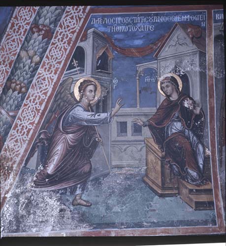 Annunciation, Italo-byzantine style, 15th century wall painting, Latin Chapel, Monastery of St John Lampadistis, Church of St Heracleidius, Kalopanayiotis, Cyprus