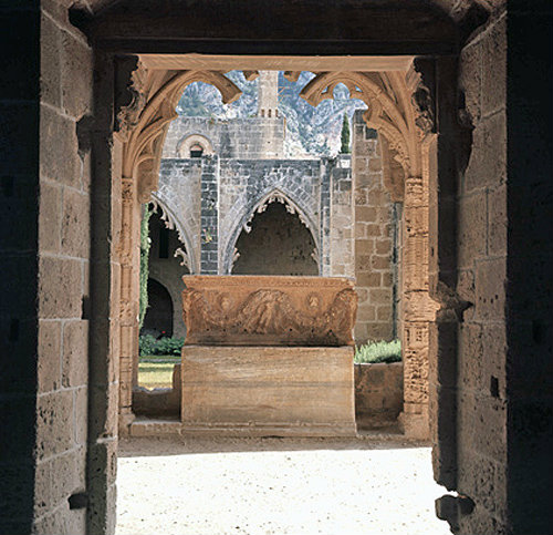 Bellapais Abbey founded in the twelfth century by Aimery de Lusignan, Roman sarcophagus outside refectory, Northern Cyprus