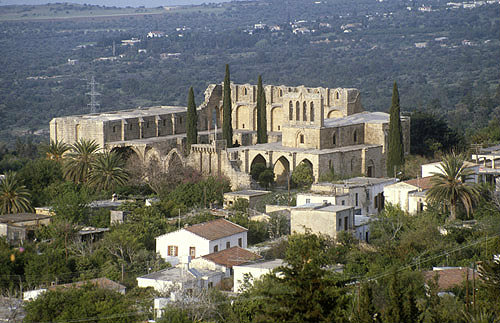 Bellepais Abbey, twelfth to thirteenth century, aerial view from south south west, Northern Cyprus