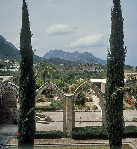 Bellapais Abbey, 12th to 13th century,with distant view of St Hilarion, Northern Cyprus