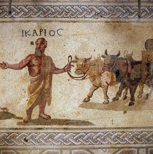 Icarios being taught the art of wine making by Dionysus, 3rd century Roman mosaic, Paphos, Cyprus