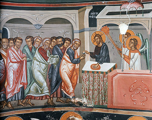 Communion of the Apostles, St Peter receiving the bread, fifteenth century wall painting, Church of the Saviour, Paleochorio, Cyprus