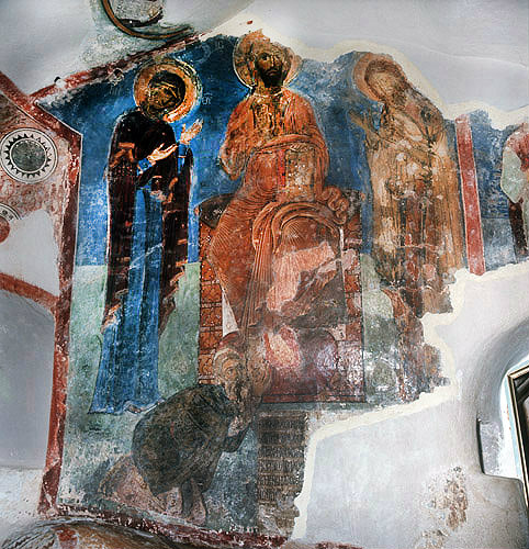 St Neophytos kneeling before Christ with his prayer, painted by Theodoros Apseudes, St Neophytos Monastery, twelfth century, Paphos,