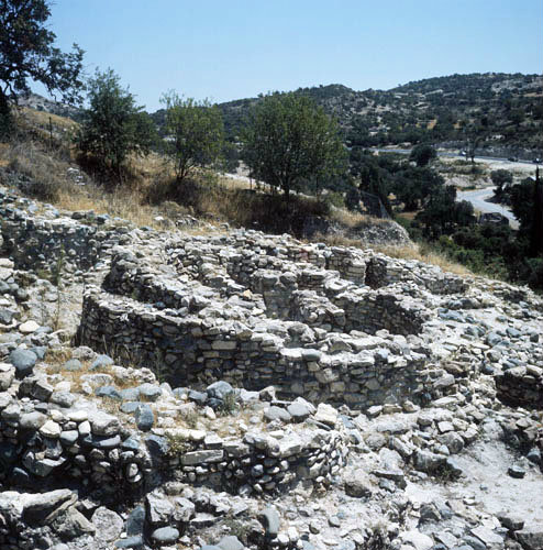 Neolithic settlement, view to east across walls of largest dwelling, 5800-5250 BC, Khirokitia, Cyprus