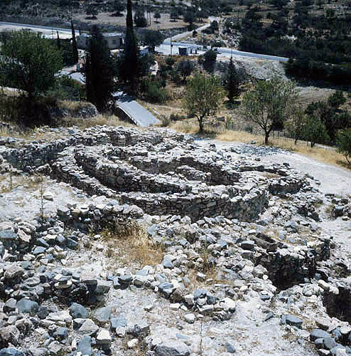 Neolithic settlement, view to south-east across lower sector of site walls of larger dwellings, section of main street 5800-5250 BC, Khirokitia, Cyprus
